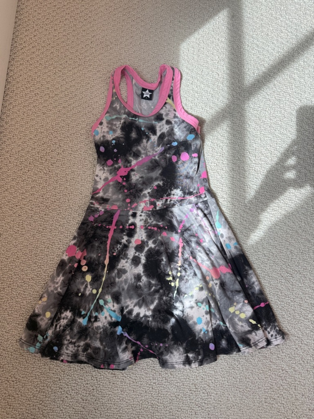 Pixielane Girls' Black Tie-Dye Paint-Splash Tank Dress - Pink Trim